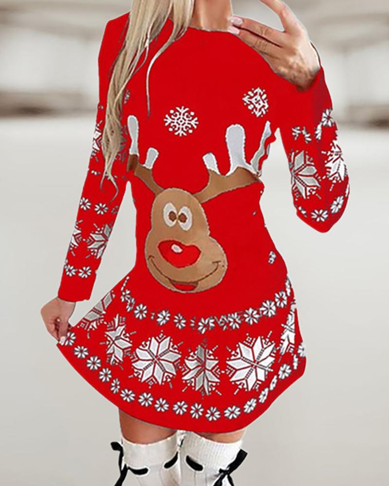 

Christmas Elk Snowflake Print Long Sleeve Casual Dress, Red
