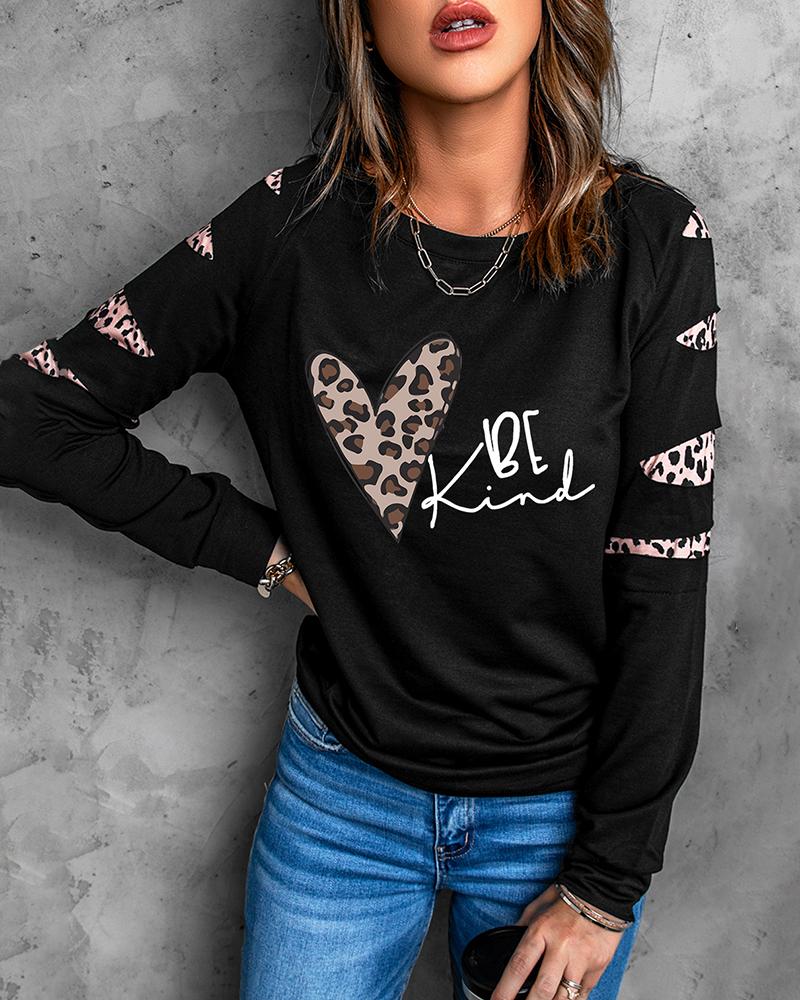 

Cutout Heart Leopard Letter Print Casual Top, Black
