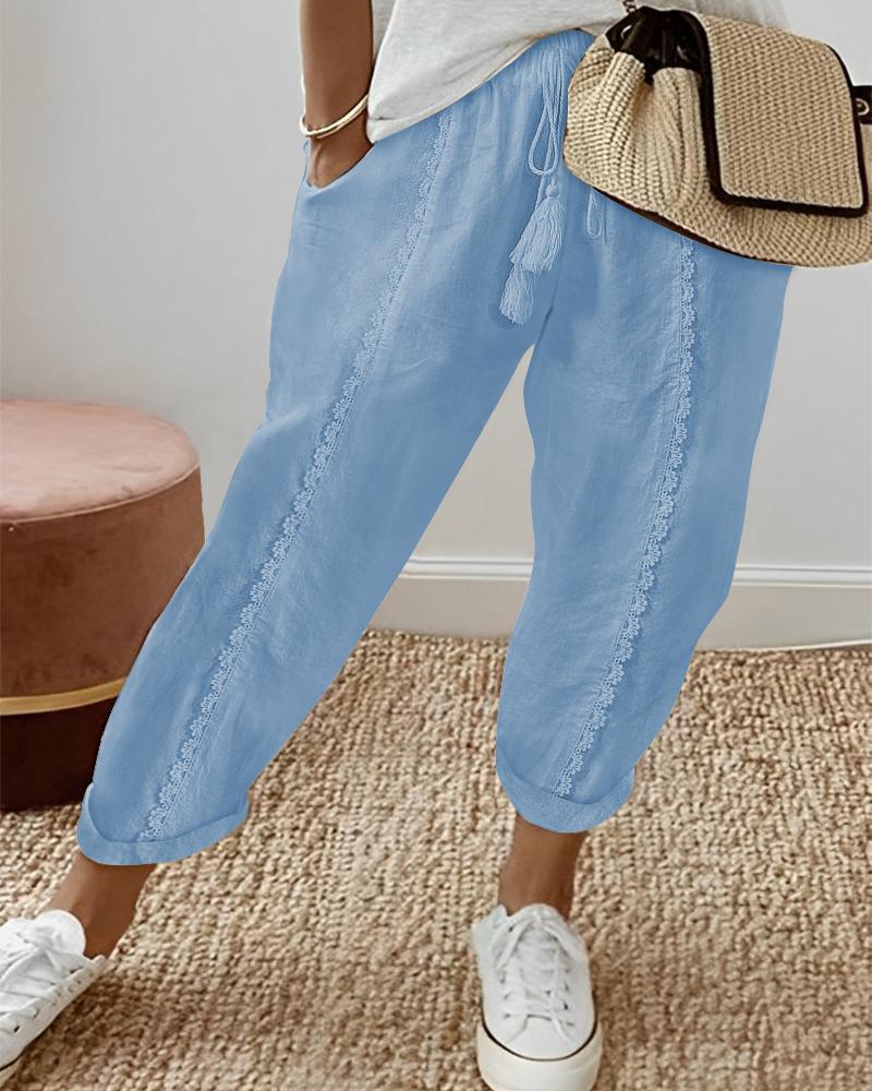 

Lace Patch Pocket Tassel Design Pants, Blue