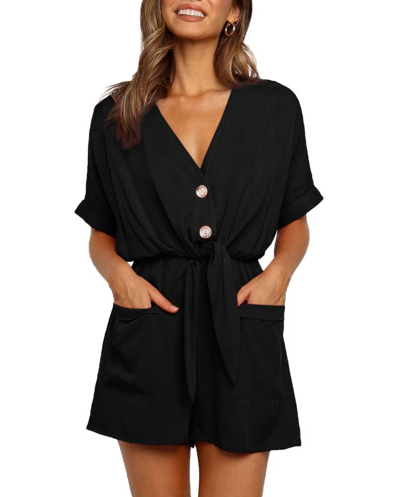 

V-Neck Pocket Design Tied Detail Romper, Black