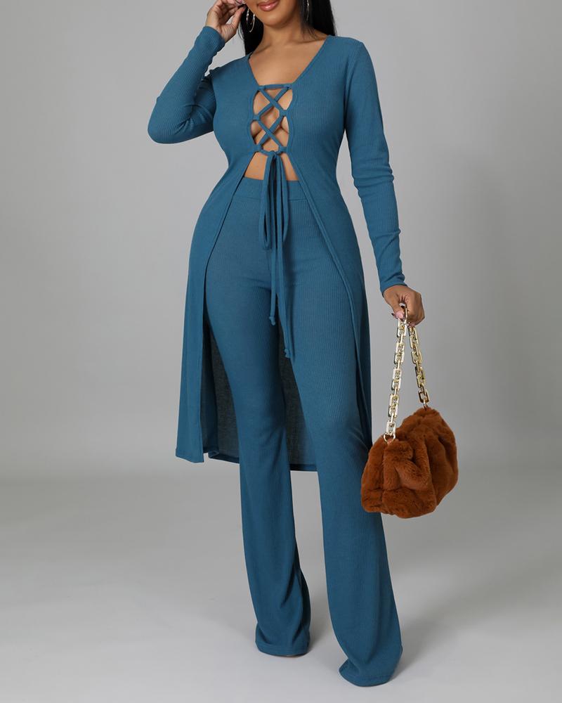

Ribbed Lace-up Top & High Waist Bootcut Pants Set, Blue