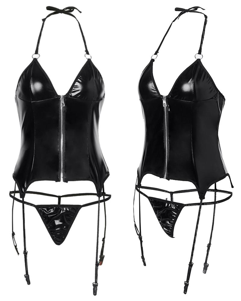 

PU Leather Zipper Design Bustier Sets Without Socks, Black