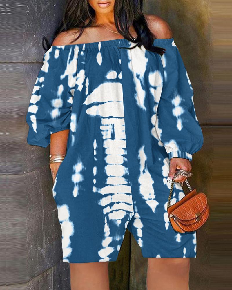 

Tie Dye Print Off Shoulder Lantern Sleeve Romper, Blue