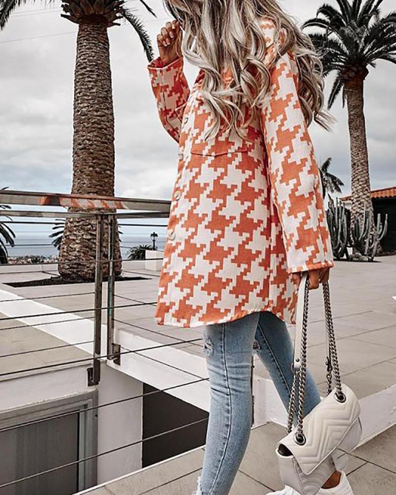 

Long Sleeve Houndstooth Print Buttoned Pocket Design Shacket, Orange