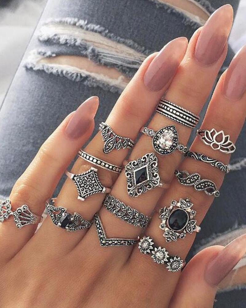 

15pcs Stackable Geometric Fashionable Rings Set, Silver