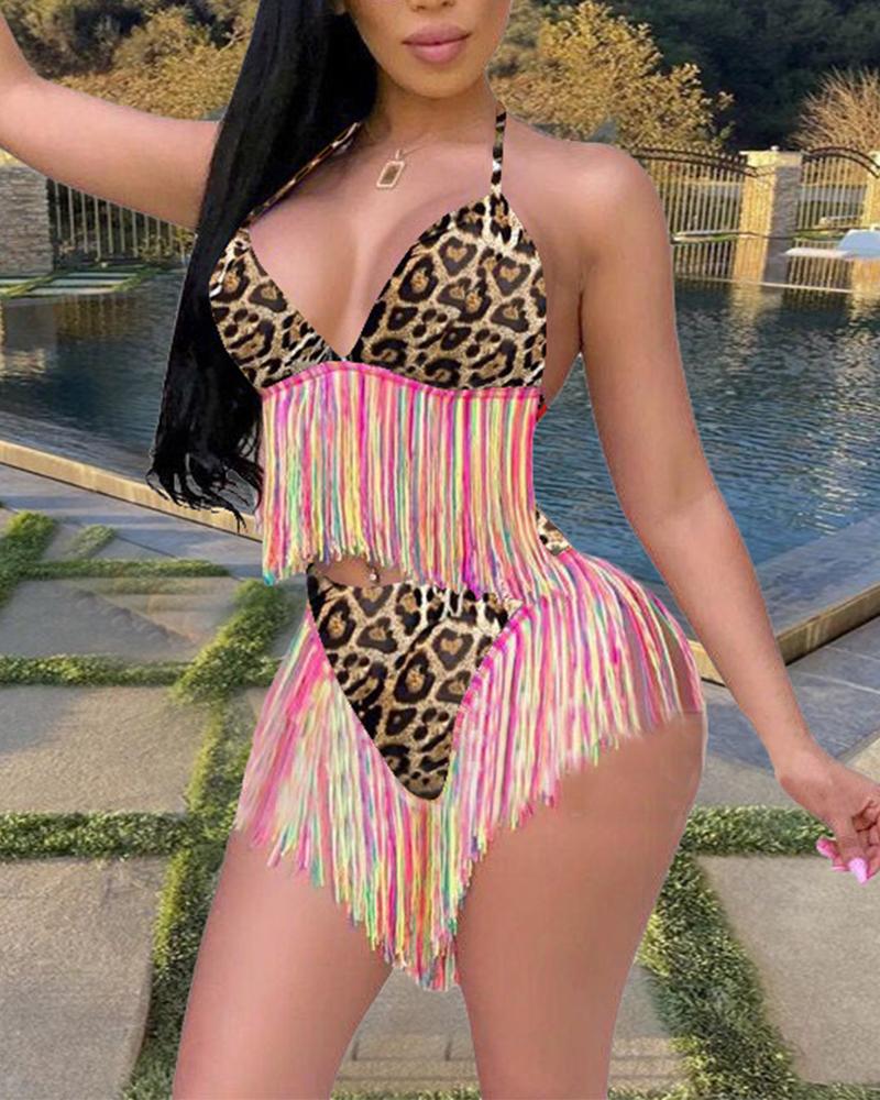 

Leopard Print Tassel Bikini Swimsuit, Yellow