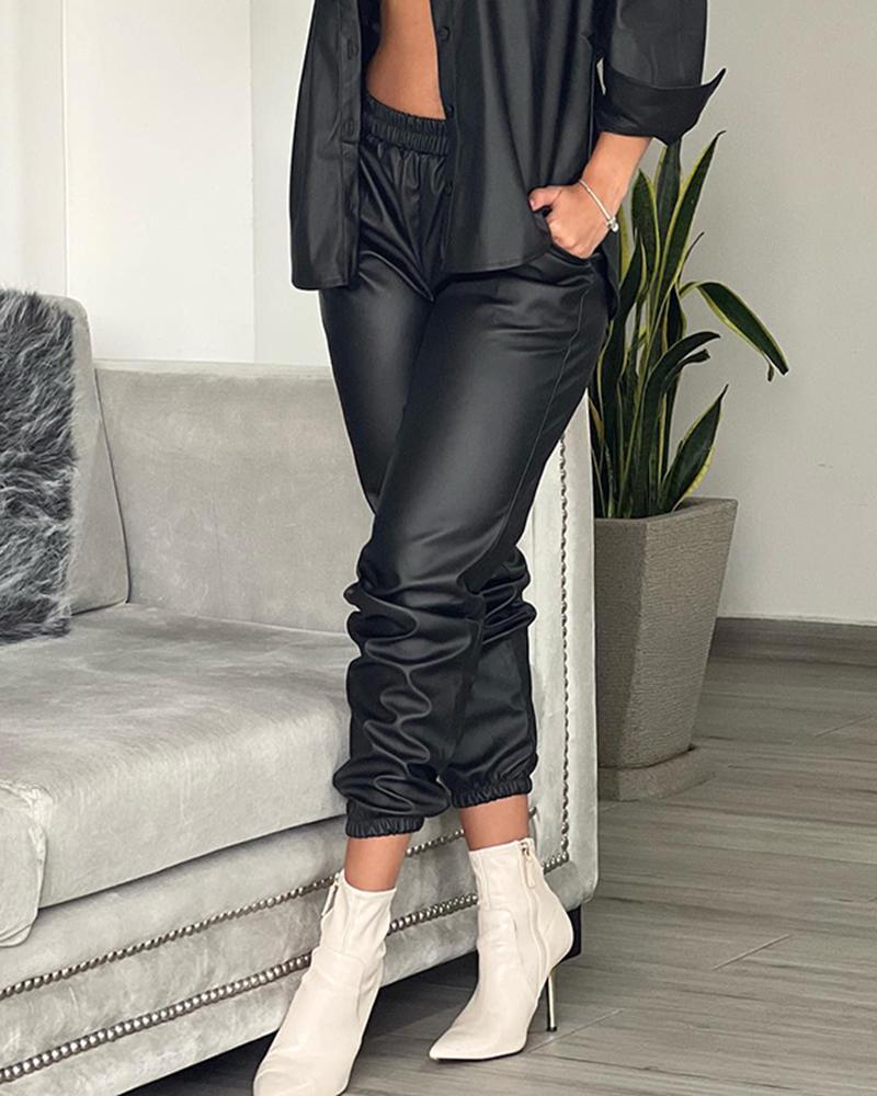 

High Waist PU Leather Cuffed Pants, Black