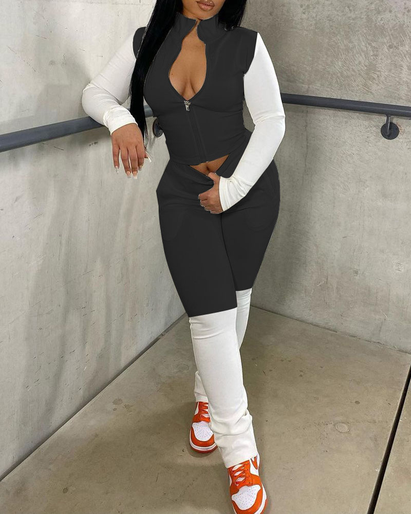 

Colorblock Patchwork Zip Up Top & Pants Set, Black