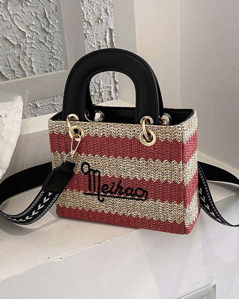 

Braided Rainbow Stripe Letter Embroidery Straw Satchel Bag, Red