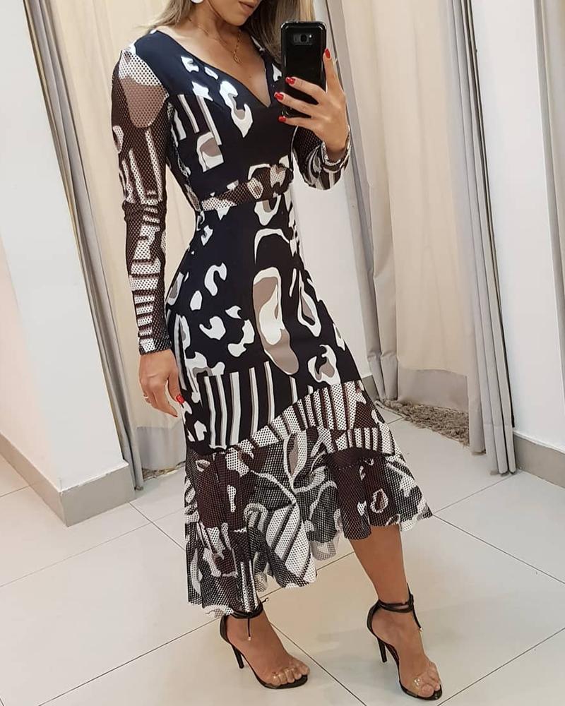 

Random Dots Print V Neck Mesh Trim Maxi Dress, Black