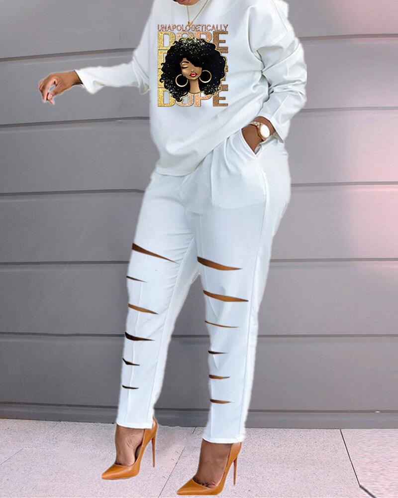 

Plus Size Figure Letter Print Top & Ladder Cutout Pants Set, White
