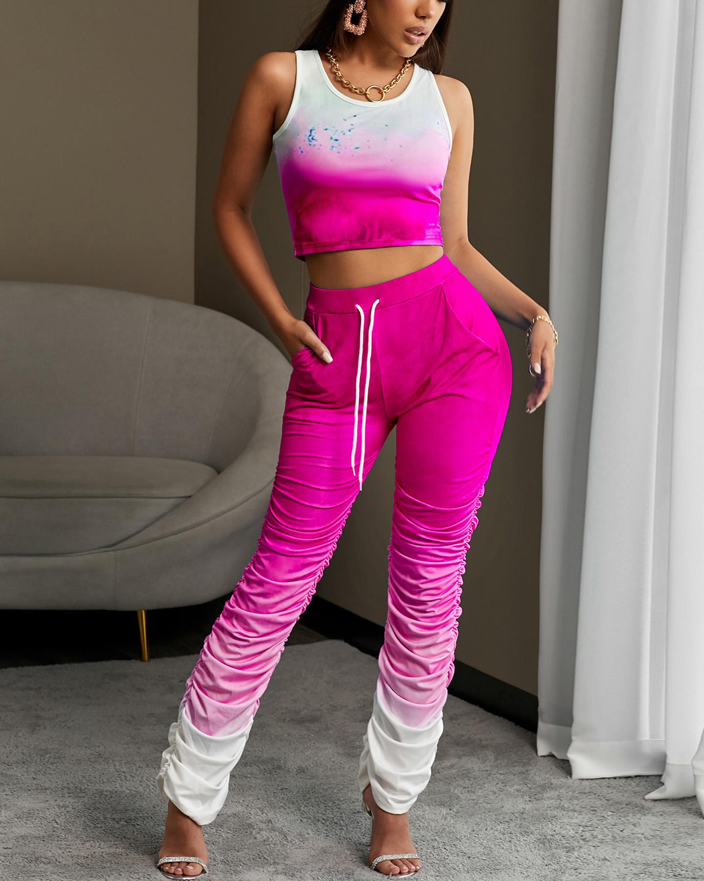 

Gradient Color Top & Ruched Pants Set, Pink