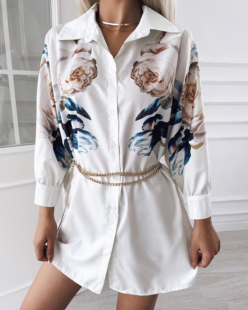 

Floral Print Button Design Casual Shirt Dress, Apricot