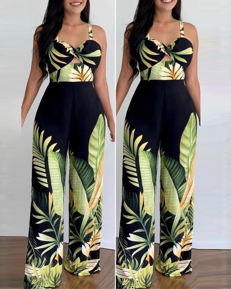 

Tropical Print Twist Design Jumpsuit, Black