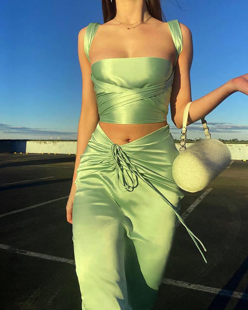 

Plain Thick Strap Crop Top & Ruched Skirt Set, Green