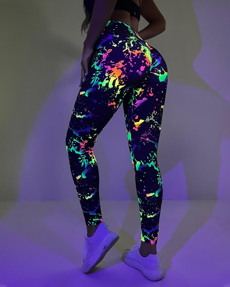

Ink Splash Print High Waist Tummy Control Butt Lift Leggings, Multicolor