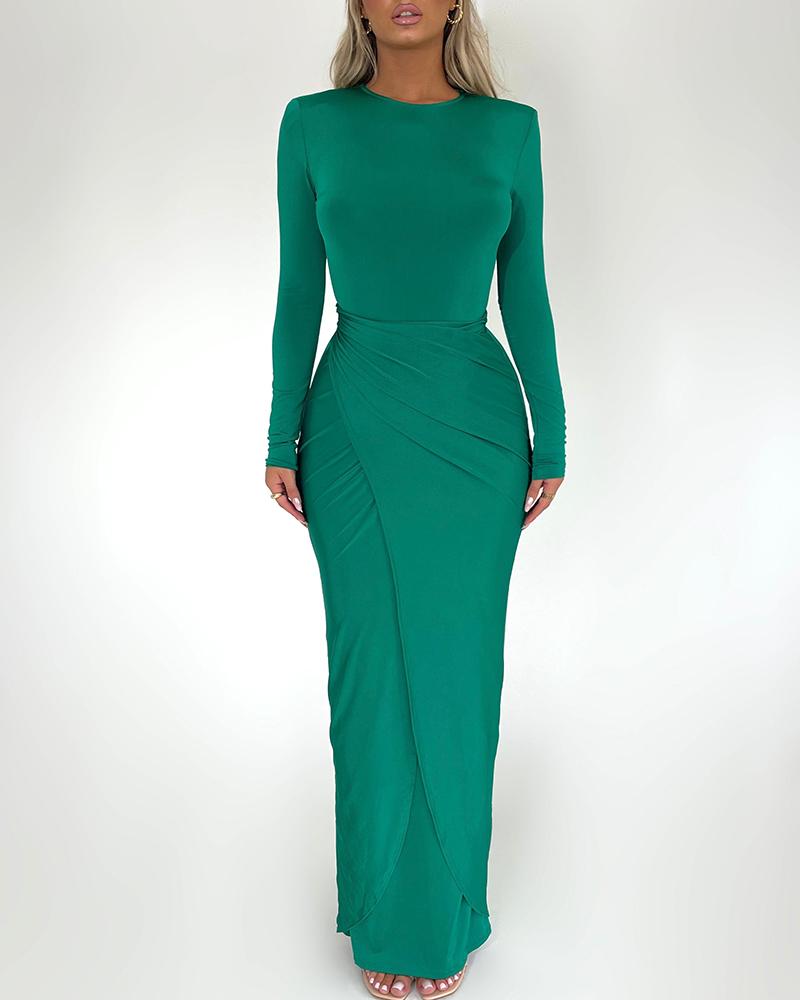 

Tied Detail Ruched Wrap Long Sleeve Dress, Green