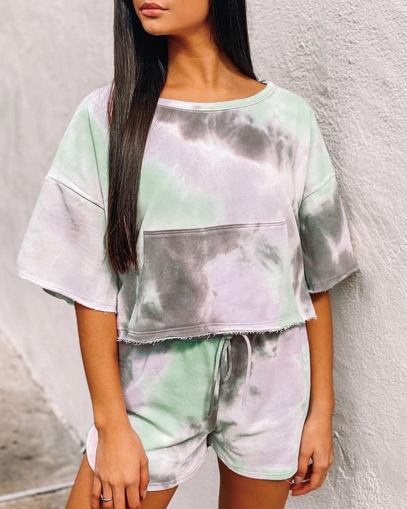 

Tie Dye Print Fringe Hem Drawstring Pajamas Set, Green