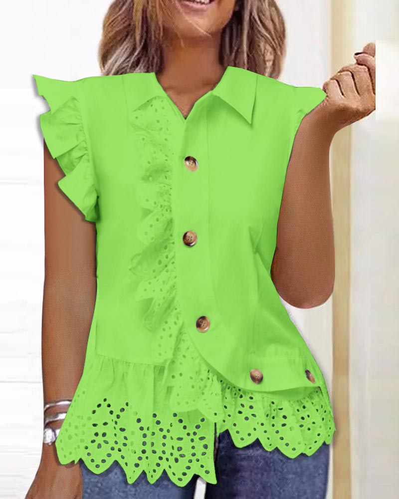 

Flutter Sleeve Lace Patch Buttoned Top, Green