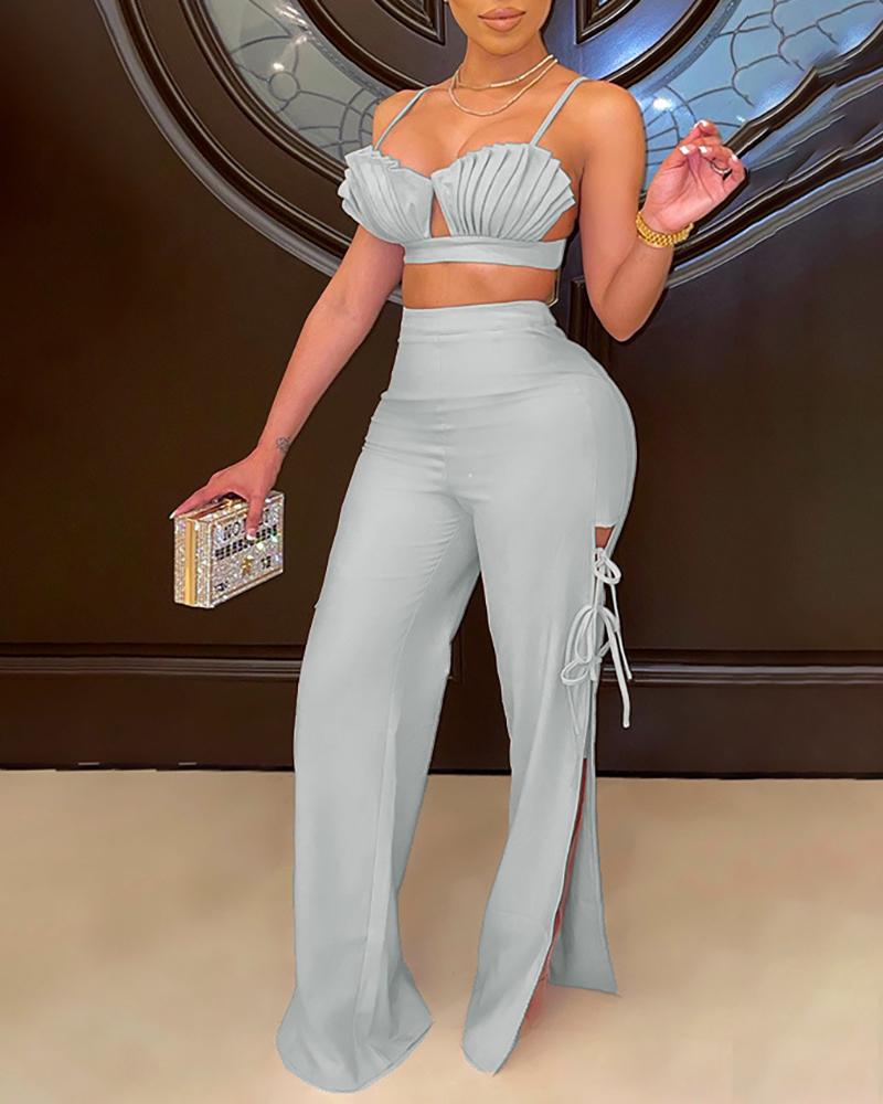 

Ruched Crop Top & Tied Detail Slit Pants Set, Gray