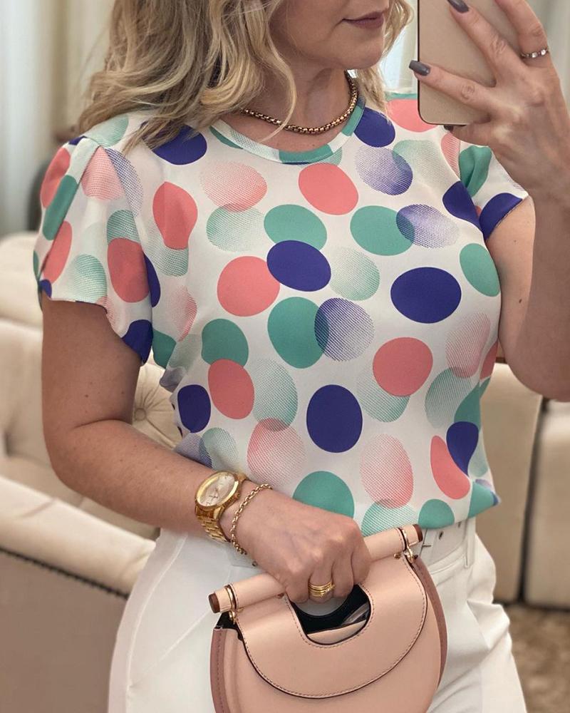 

Polkadot Print Colorblock Short Sleeve Casual Top, Multicolor