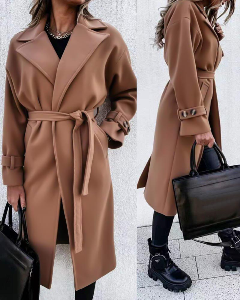 

Plain Button Detail Belted Longline Coat, Khaki