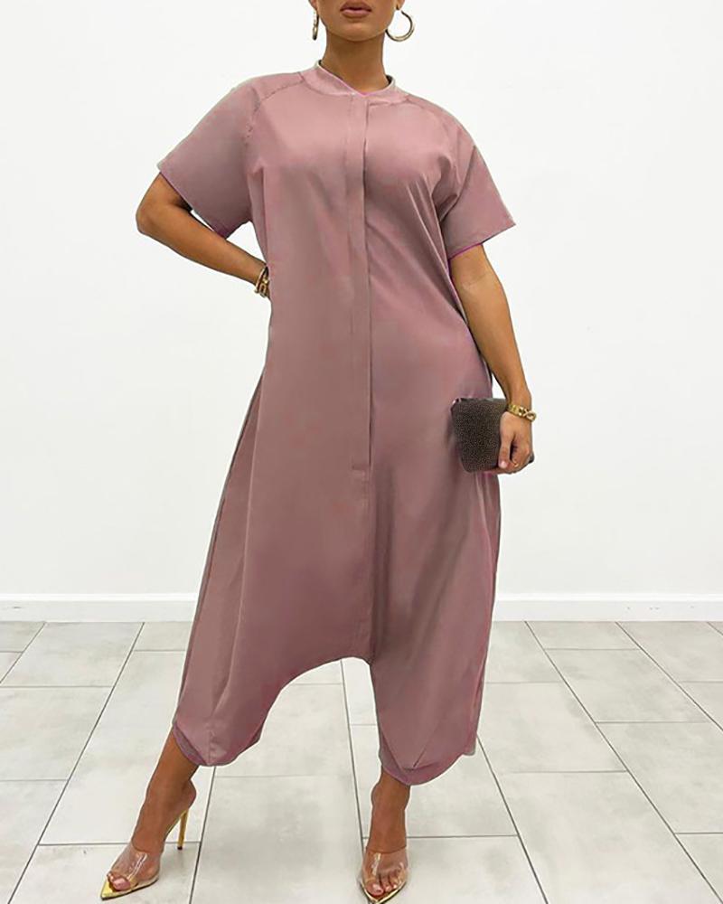 

O Neck Short Sleeve Casual Harem Jumpsuit, Hot pink