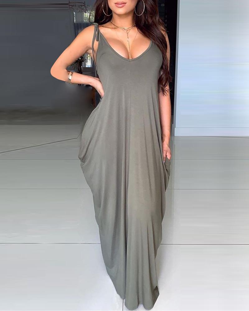 

Plain Pocket Design Casual Dress, Army green