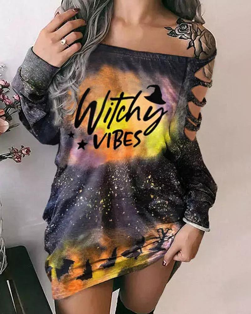 

Halloween Witch Letter Tie Dye Print Cutout Casual Dress, Multicolor