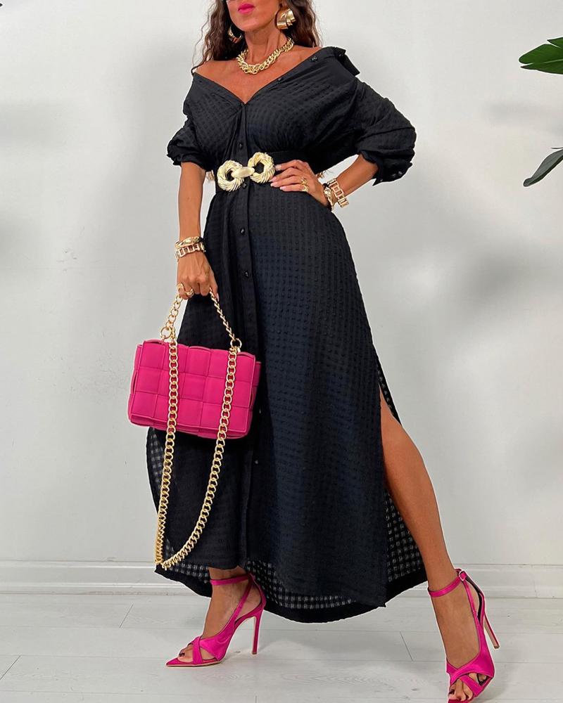 

Long Sleeve Split Hem Button Down Shirt Dress, Black