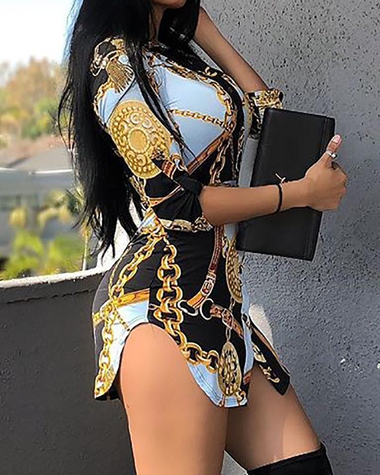 

Chain Scarf Print Buttoned Shirt Dress, Black
