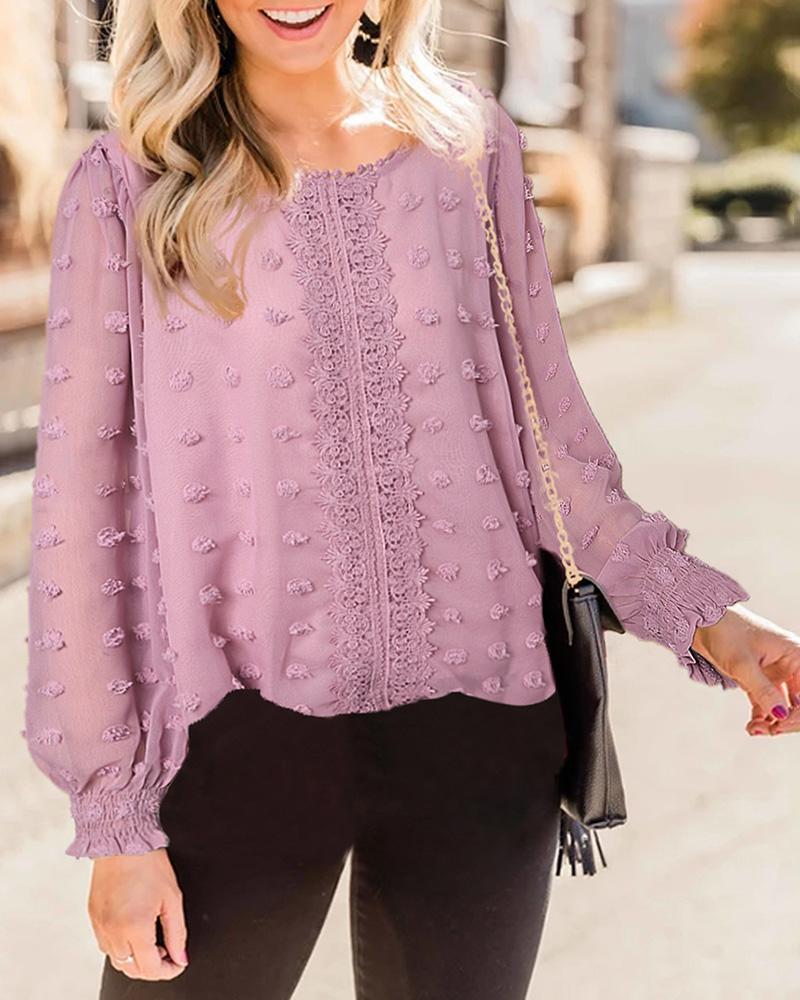 

Guipure Lace Patch Swiss Dot Lantern Sleeve Top, Pink