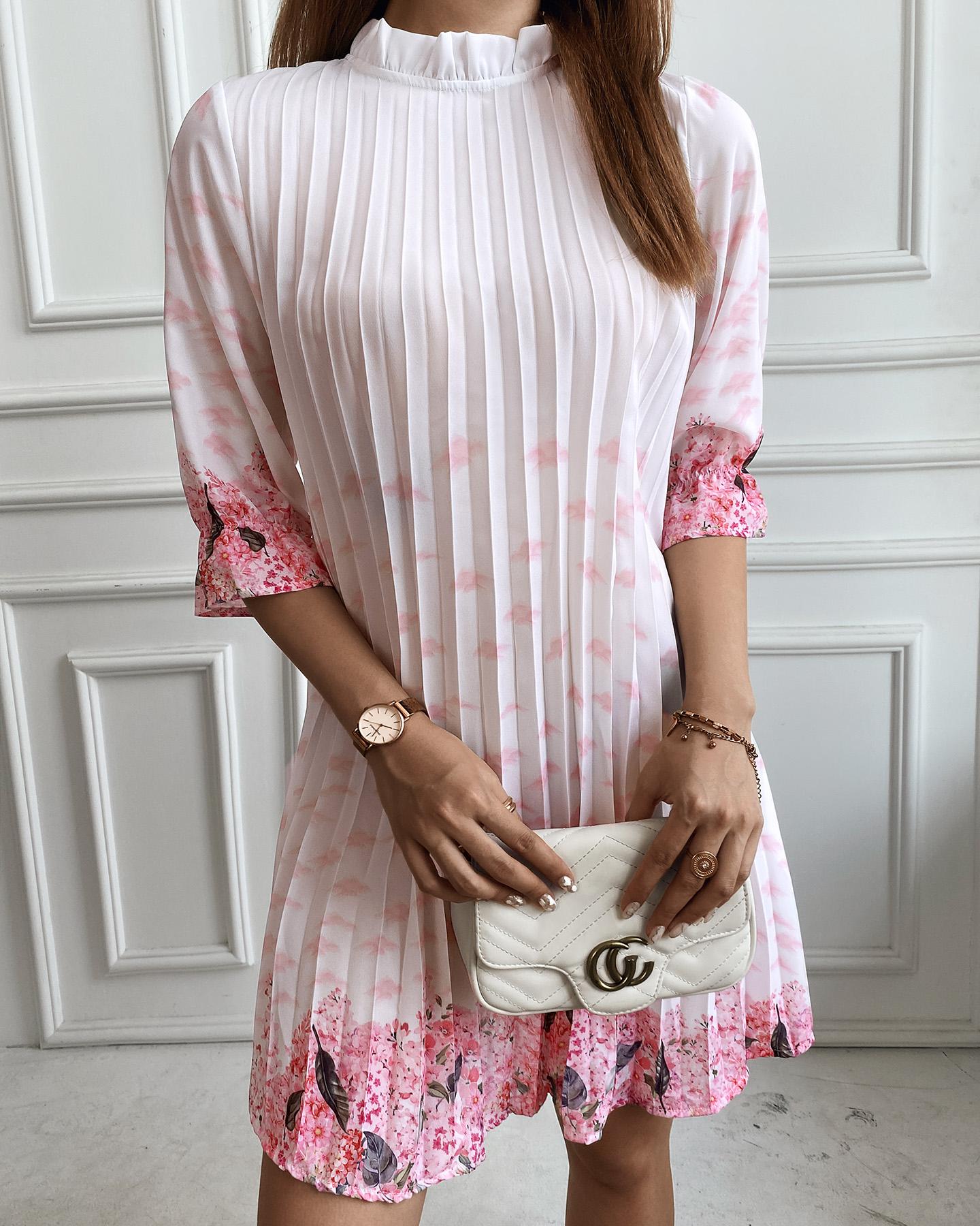 

Floral Leaf Print Frill Hem Pleated Dress, Pink