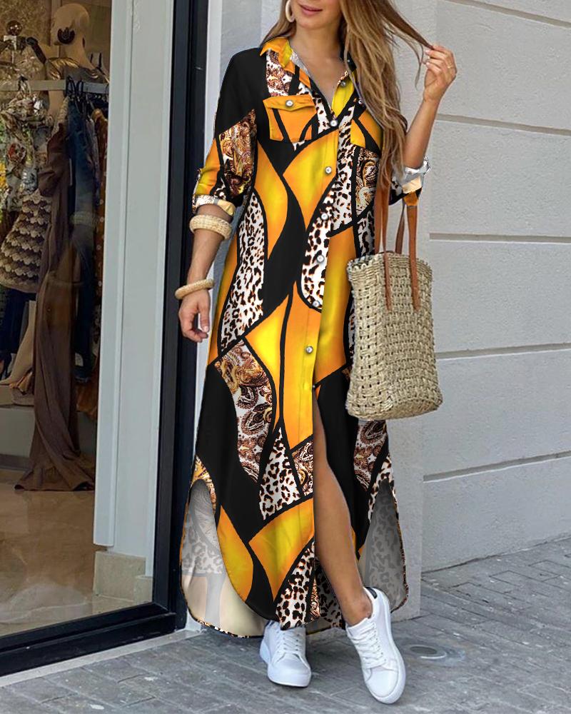

Baroque Leopard Print Buttoned Shirt Dress, Yellow