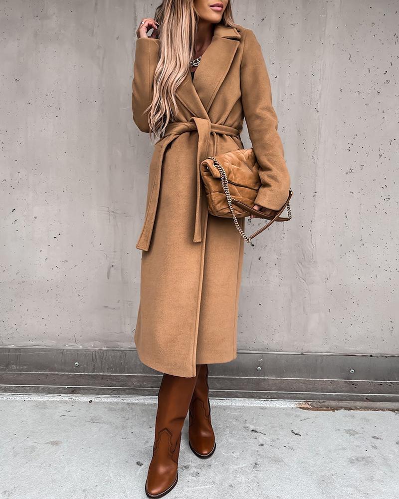 

Notched Collar Slit Overcoat With Belt, Khaki