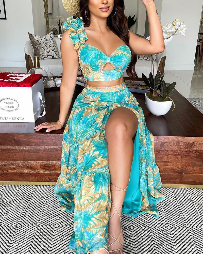 

Floral Print Frill Hem One Shoulder Crop Top & Split Thigh Skirt Set, Green