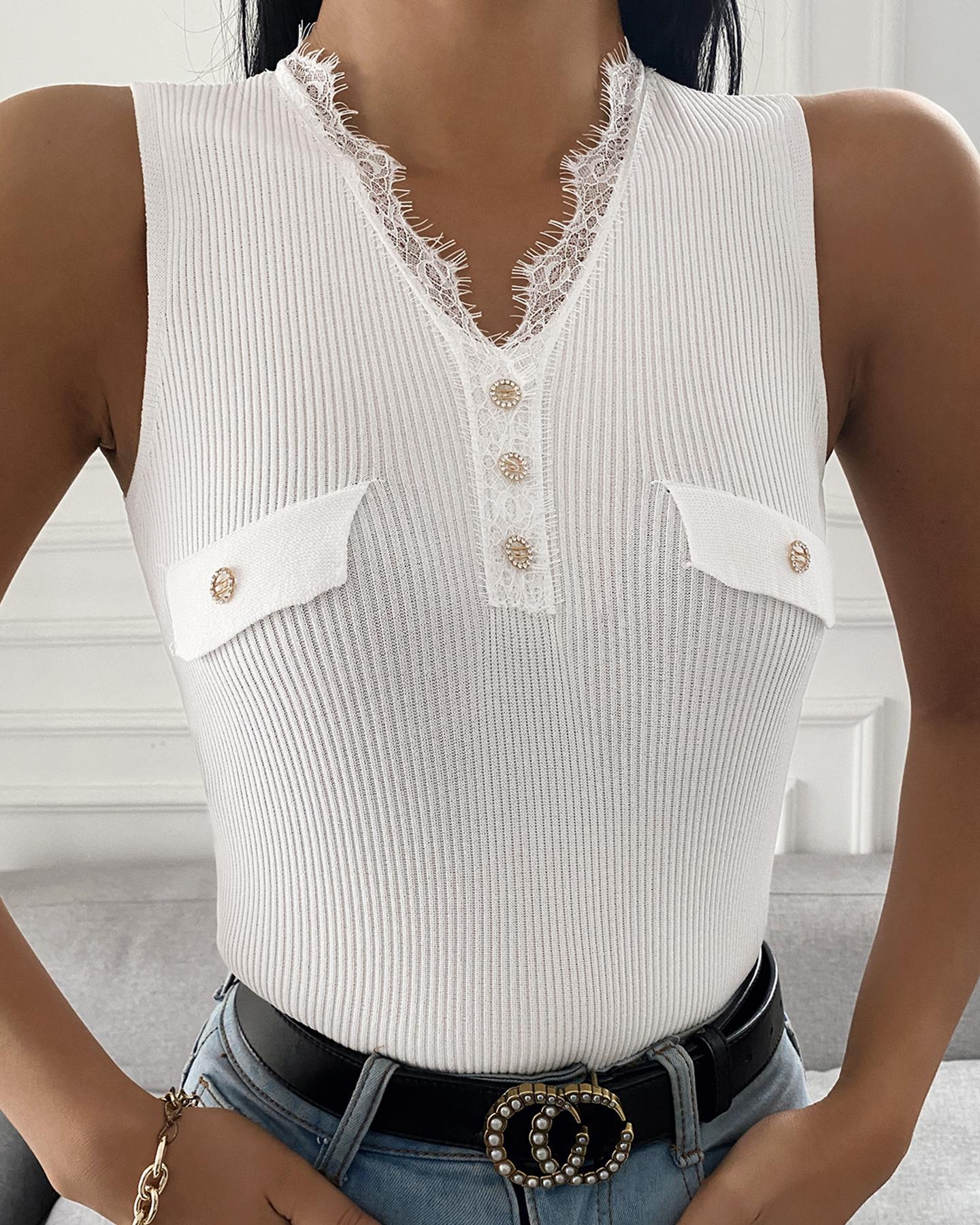 

Plain V Neck Button Sleeveless Tank, White