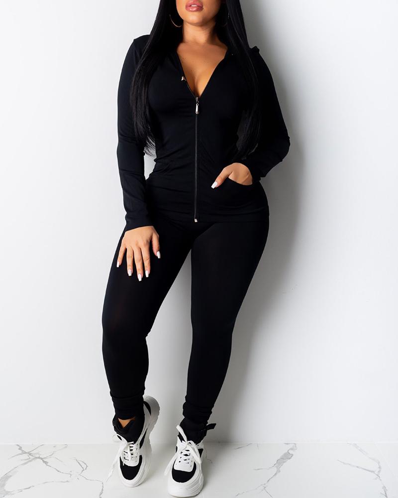 

Zipper Design Hooded Top & Fitted Pants Set, Black