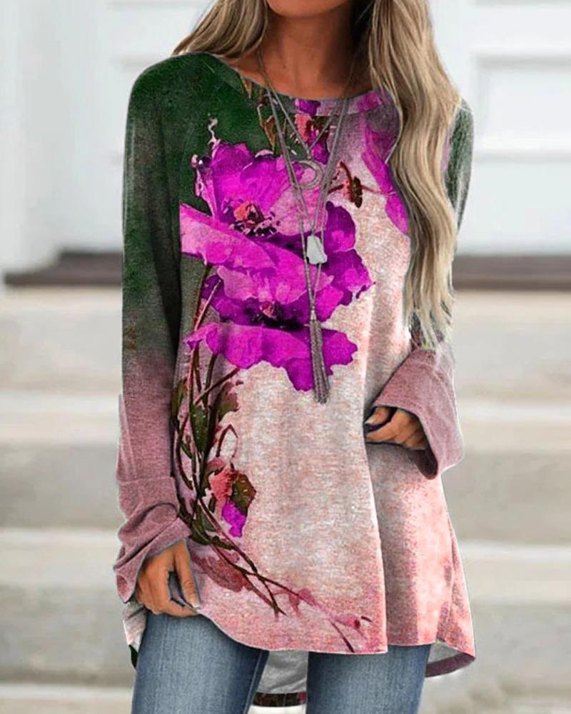 

Plus Size Floral Print Long Sleeve Top, Purple