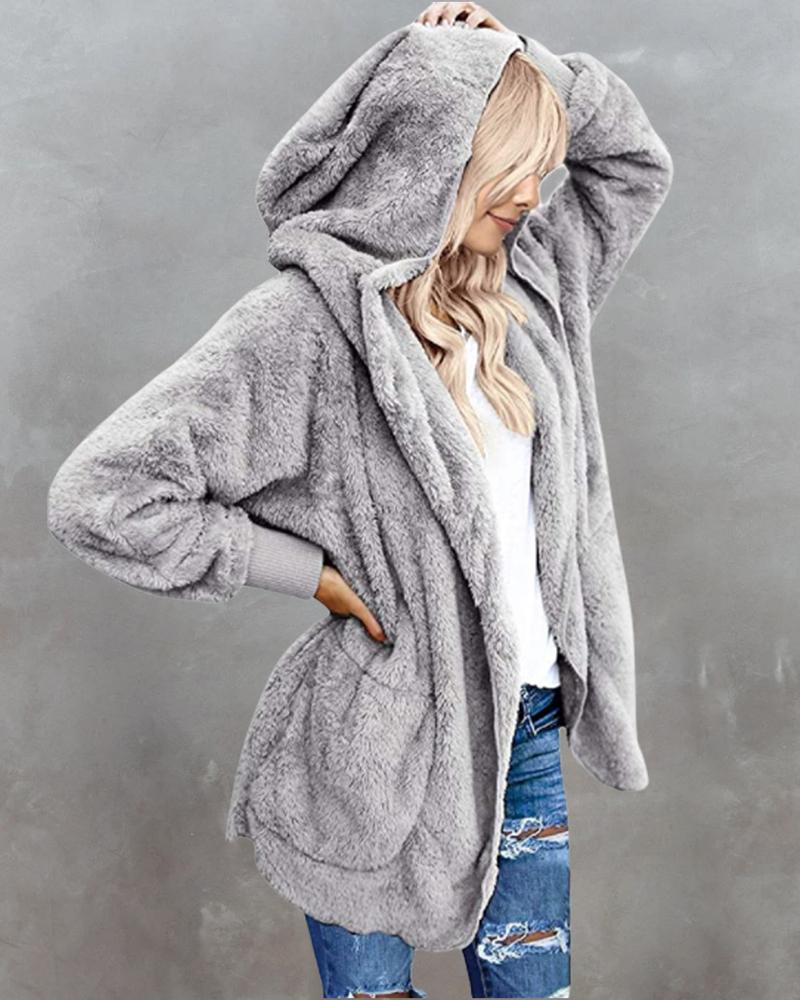 

Pocket Design Long Sleeve Hooded Faux Fur Coat, Gray