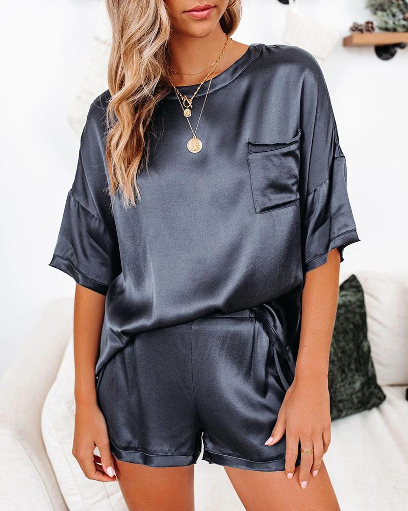 

Half Sleeve Pocket Design Pajamas Set, Purplish blue