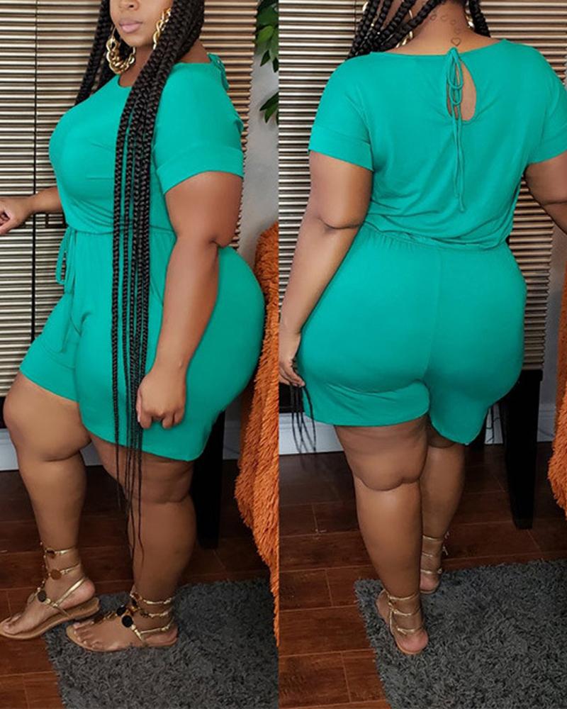 

Plus Size Short Sleeve Tied Detail Romper, Green