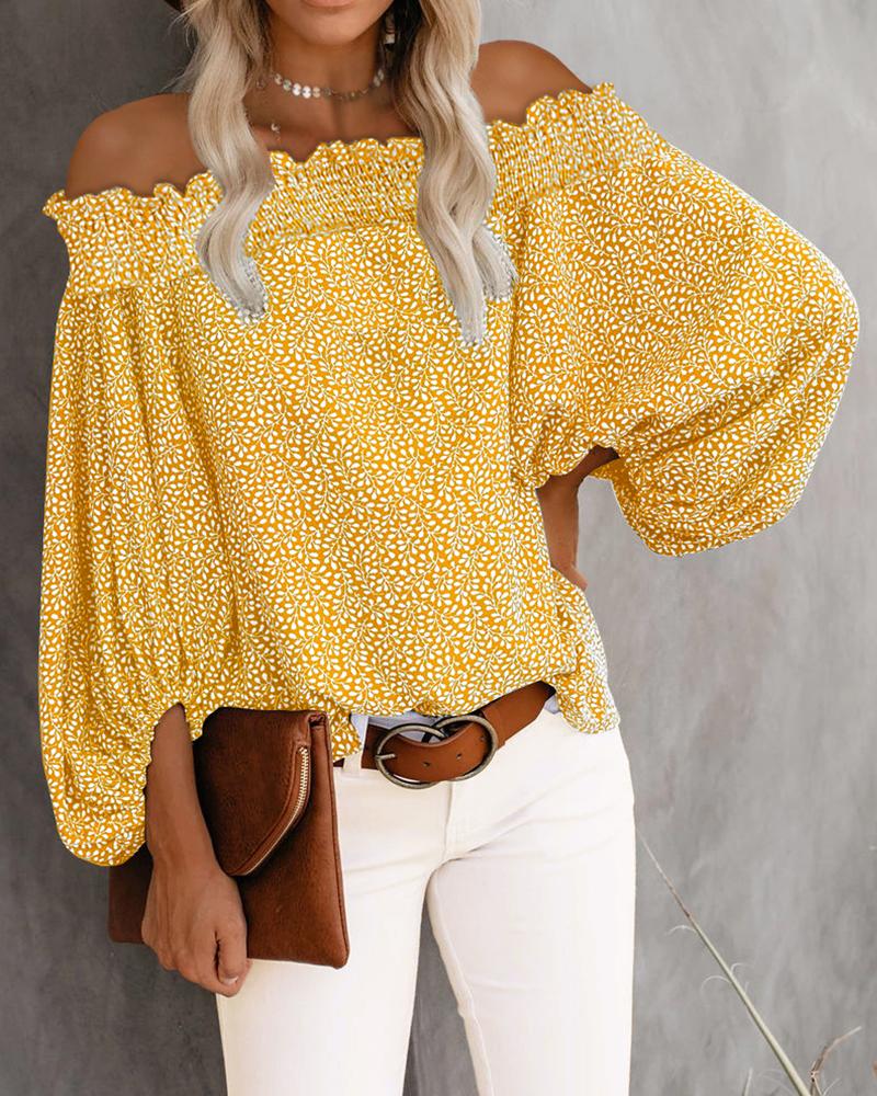 

Off Shoulder Floral Print Lantern Sleeve Top, Yellow