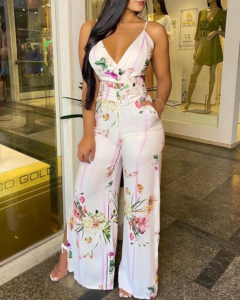 

Floral Print Pocket Design Slit Jumpsuit With Belt, White