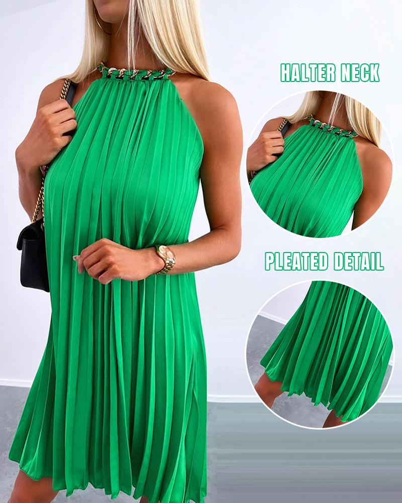 

Halter Sleeveless Pleated Casual Dress, Green