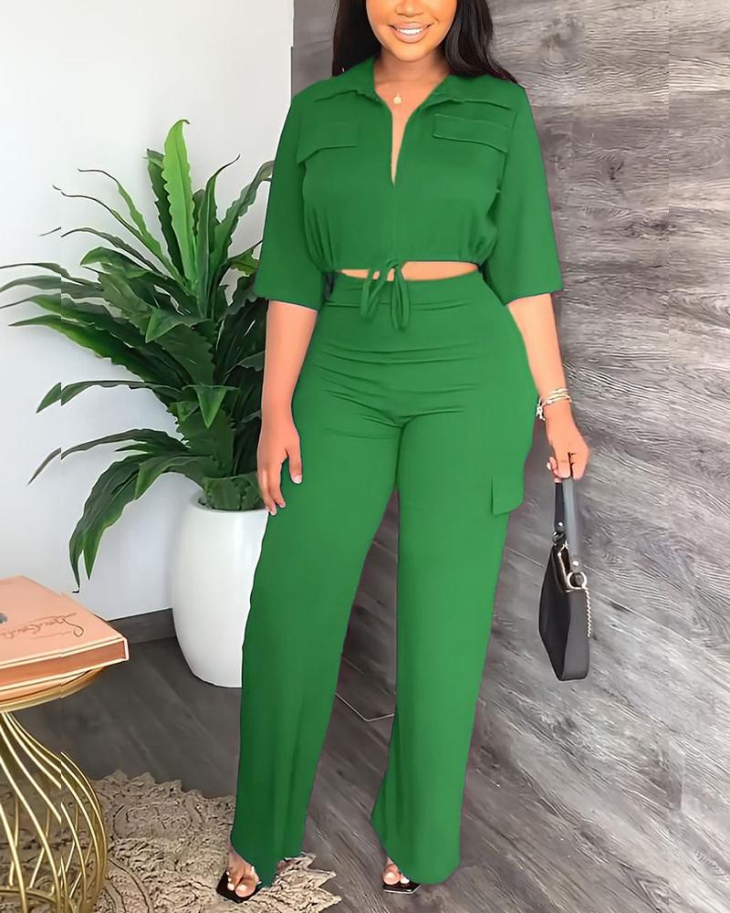 

Flap Detail Drawstring Top & Pants Set, Green