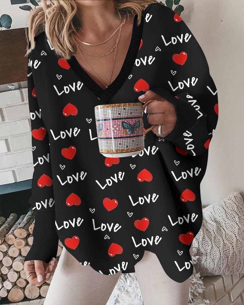 

Valentine' Day Love Heart Print Batwing Sleeve Top, Black