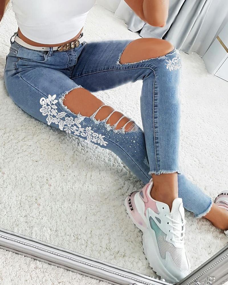 

Contrast Lace Cutout Ripped Raw Hem Skinny Jeans, Blue