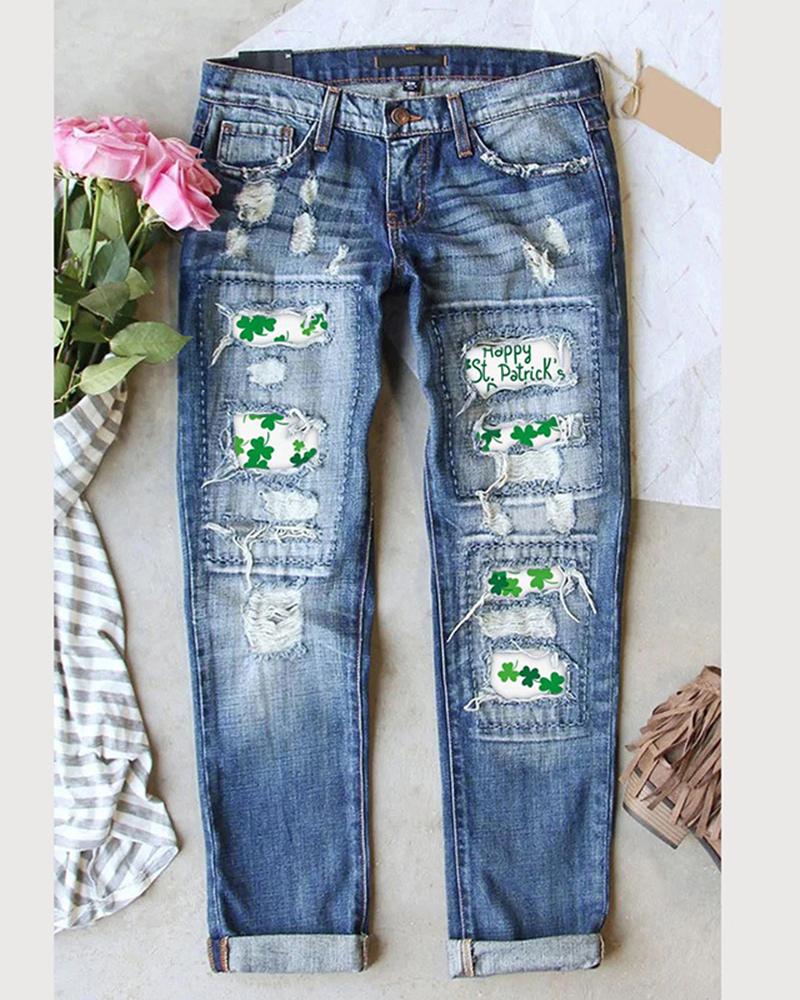 

St. Patrick's Day Clover Print Patchwork Ripped Jeans, Blue