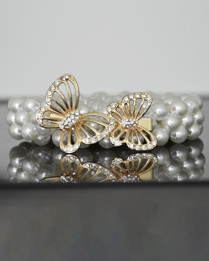 

1pc Allover Pearls Rhinestone Butterfly Decor Belt, Gold